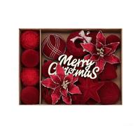 Lot de 28 décorations de sapin de Noël à flocage avec boules de flocage en plastique et fleurs incassables (rouge foncé)