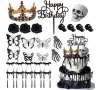 Lot de 28 décorations gothiques pour gâteaux Motif tête de mort Noir | Décorations de gâteaux avec rose rouge et noire, crâne, papillon pour anniversaire, mariage, Halloween