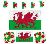 Lot de 28 pièces de soutien au Pays de Galles comprenant des drapeaux de 20,3 x 12,7 cm, des drapeaux de 12,7 x 7,6 cm, des fanions carrés de 10 m/25 drapeaux et 25 ballons RGW décoratifs pour la