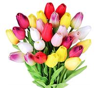 Lot de 28 tulipes artificielles multicolores en polyuréthane au toucher réel pour couronne de Pâques, printemps, bouquet de mariage, centre de table, arrangement floral, cimetière, décoration de