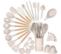 Lot de 28 ustensiles de cuisine en silicone avec support pour ustensiles de cuisine antiadhésifs résistants à la chaleur, kaki