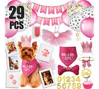 Lot de 29 fournitures de fête d'anniversaire pour chien comprenant un bandana d'anniversaire pour chien, un tutu pour chien, une couronne, une décoration de gâteau, une bannière, un cadre en papier, une carte en papier, un collier, un nœud papillon, un tampon, des ballons à confettis dorés rose vif