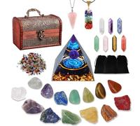 Lot de 29 pierres précieuses en cristal, pierres de guérison avec 7 chakras bruts et 7 pierres polies, 7 pierres chakra sphériques, 2 colliers en cristal, pyramide en cristal, ensemble de pierres