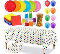 Lot de 292 couverts de fête colorés arc-en-ciel - Assiettes en carton, gobelets, ballons, pailles, serviettes, assiettes plates, serviettes de table multicolores, gobelets de 250 ml pour anniversaire