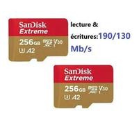 Lot de 2PCS Carte Mémoire Micro SDXC SanDisk Extreme 256 Go Classe 10, U3, V30 jusqu'à 190Mb/s écritures 130Mb/s carte microSDXC