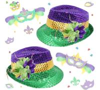 Lot de 2pcs de costume Mardi Gras Fedora à fleus Chapeau pour fête Mardi Gras Deguisement Carnaval Adulte,Fêtes, Saint Patricks