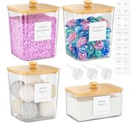 Lot de 3 + 1 boîtes à dosettes en bambou transparent pour organiser la buanderie, grands récipients de rangement pour lessive en poudre, couvercles et étiquettes, support de dosettes à linge en