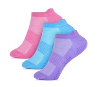 Lot de 3/6 paires de chaussettes antidérapantes en coton pour fille | Noir/rose/violet/bleu sarcelle | Soutien de la voûte plantaire et du talon | Sports | Respirantes, légères et confortables |
