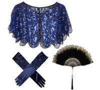 Lot de 3 accessoires de costume des années 20 pour femme - Style années 1920 - Avec écharpe à paillettes rétro - Gants longs et éventails à plumes pour femme - Carnaval Charleston Great Gatsby, bleu
