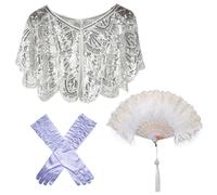 Lot de 3 accessoires de costume des années 20 pour femme - Style années 1920 - Avec écharpe à paillettes rétro - Gants longs et éventails à plumes pour femme - Carnaval Charleston Great Gatsby