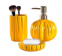 Lot de 3 accessoires de salle de bain en céramique - Décoration de salle de bain en forme de citrouille d'Halloween - Ensemble complet de salle de bain d'automne - Porte-brosse à dents, distributeur