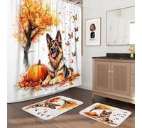 Lot de 3 accessoires de salle de bain motif berger allemand à l'aquarelle d'automne avec deux tapis de bain antidérapants et lavables (40,6 x 61 et 50,8 x 81,3 cm), motif érable d'automne pour animaux