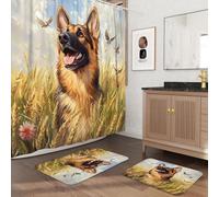 Lot de 3 accessoires de salle de bain motif berger allemand d'automne avec deux tapis de bain antidérapants lavables (40,6 x 61 et 50,8 x 81,3 cm), décoration de tapis de salle de bain blé d'automne