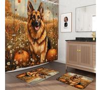 Lot de 3 accessoires de salle de bain motif berger allemand d'automne avec deux tapis de bain antidérapants lavables (40,6 x 61 et 50,8 x 81,3 cm), décoration de tapis de salle de bain citrouille