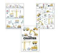 Lot de 3 affiches A3 pour chambre d’enfant - Décoration pour garçon - Motif Chantier Grue Tractopelle Camion - Idée cadeau - Anniversaire - Thème Travaux - Sans cadre