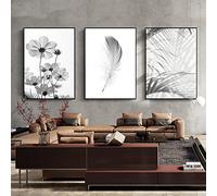 Lot de 3 affiches abstraites noires et blanches avec fleurs fraîches et plumes et pissenlit - Décoration murale sans cadre - 50 x 70 cm