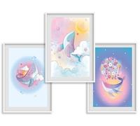 Lot de 3 Affiches Baleine Magique pour Chambre Enfant - Illustration Aquarelle Pastel - Décoration Murale Bébé Fille - Format A4 - Sans Cadre