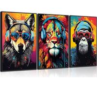 Lot de 3 affiches de graffiti d'animaux avec casque et lunettes de soleil, gorille, tigre, loup, impression sur toile colorée, peintures graffitis pour adolescents, décoration murale sans cadre