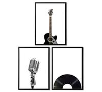 Lot de 3 affiches de musique vintage - Art mural rétro noir et blanc avec guitare, microphone et vinyle - Disponible en A4 et A3 sur papier mat, décoration murale musique/salon (impression A4