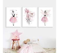 Lot de 3 Affiches Décoration Chambre Fille Princesse Rose Fleur Tableaux Murales Posters Enfants Peinture sur toile Cadeaux NPTWC003-L