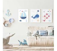 Lot de 3 Affiches Décoration Murale Chambre Enfant - Thème Mer Océan Bateau Baleine Bouée - Posters A4