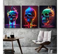 Lot de 3 affiches décoratives en forme de flamme,motif squelette néon abstrait coloré,décoration murale pour la maison,décoration d'Halloween 30x40cmx3 sans cadre