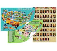 Lot de 3 affiches éducatives américaines pour enfants - Comprend une carte des États-Unis, des présidents des États-Unis et des parcs nationaux avec animaux d'État - 40,6 x 61 cm - Affiches murales