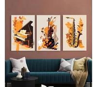 Lot de 3 affiches jaunes représentant un instrument de musique, un piano, une guitare, un saxophone, une œuvre d'art murale, une peinture sur toile, un salon, une maison, 50 x 70 cm, avec cadre
