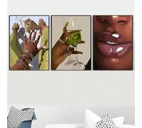 Lot de 3 affiches murales bohèmes pour femmes, art mural, lèvres, ongles, bijoux dorés, impressions pour femmes, décoration de salon (60 x 90 cm, sans cadre)