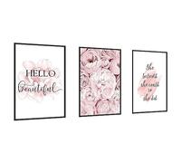 Lot de 3 affiches murales encadrées avec citations inspirantes pour décoration de chambre de fille Motif pivoine nordique