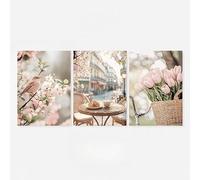 Lot de 3 affiches murales romantiques sur toile représentant des fleurs des oiseaux et des rues de Paris idéales pour décorer un café en plein air ou une maison de campagne (30x42 cm sans cadre)