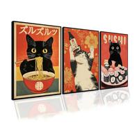 Lot de 3 affiches murales sans cadre avec chat japonais mangeant des ramen - Décoration murale vintage japonaise pour salle à manger - 30,5 x 40,6 cm