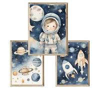 Lot de 3 affiches pour enfants, thème espace, astronaute et fusée, décoration murale pour chambre d'enfant A3