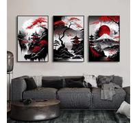 Lot de 3 affiches représentant un paysage naturel japonais abstrait avec un arbre rouge et un pavillon,peintes sur toile,pour la décoration du salon (50 x 75 cm (20 x 30 pouces) x 3 / sans cadre)