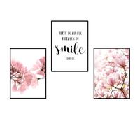 Lot de 3 affiches sur toile encadrées de fleurs scandinaves - Magnolia rose - Impression florale - Peinture nordique sourire - Images murales pour salon, bureau, chambre à coucher, décoration