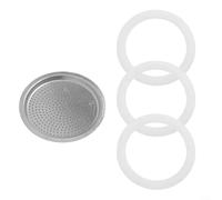 Lot de 3 anneaux en silicone et 1 filtre en aluminium pour cafetière expresso Compatible avec plusieurs capacités de tasse (9 tasses)
