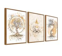 Lot de 3 Arbre de vie Yin Yang Tableau Encadrée Poster Mural Bouddhisme Zen Fleur de Lotus Beige Peinture Impression sur Toile Tableau Decoration Murale Salon Chambre Salle à manger 30x40cm x3pcs