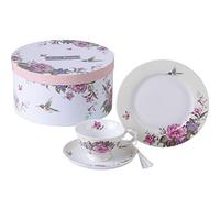 Lot de 3 Assiettes à café et soucoupes à Dessert Style Shabby Chic Vintage en Porcelaine avec Motif Oiseau et Papillon (crème/Beige)