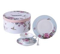 Lot de 3 Assiettes à café et soucoupes à Dessert Style Shabby Chic Vintage en Porcelaine avec Oiseau Papillon et Fleurs Bleu