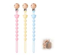 Lot de 3 Attaches Sucette, Chaînes de Sucette en Perles de Silicone avec Clip en Bois, Accroche Tétine Bebe pour Filles & Garçons Couleurs Rose Jaune Bleu, Accessoire pour Fixer Sucette et Doudou