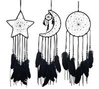 Lot de 3 attrape-rêves en forme d'étoile, de lune et de soleil - Accessoire de chambre de bébé et d'enfant - Attrape-rêves avec décoration de plumes - Pendentif mural unique pour la maison (noir)