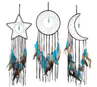 Lot de 3 attrape-rêves en forme d'étoile, de lune et de soleil - Accessoire de chambre de bébé et d'enfant - Attrape-rêves avec décoration de plumes - Pendentif mural unique pour la maison (marron)