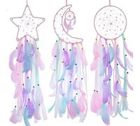 Lot de 3 attrape-rêves roses, étoiles, lunes, soleil - Attrape-rêves pour filles, décoration de chambre de fille, décoration de chambre à coucher (rose)