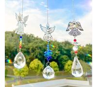 Lot de 3 attrape-soleil en cristal - Attrape-soleil en forme d'ange pour fenêtres, prisme en verre en forme de cœur avec chaîne à suspendre pour lampes de maison, fenêtre, jardin, bureau, voiture