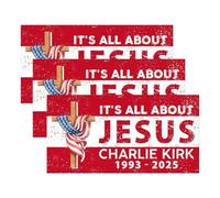 Lot de 3 autocollants pour pare-chocs avec inscription It's All About Jesus Charlie Kirk 1993-2025, Justice for Charlie Jesus, Cross Patriotique, cadeaux pour fenêtres de voiture, camion, faciles à