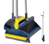 Lot de 3 balais et pelle à poussière avec long manche rotatif à 180 ° - 92 cm - Avec brosse de nettoyage de salle de bain - Pliable - Broom et pelle - Combo avec peigne (bleu foncé)