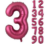 Lot de 3 ballons en forme de chiffre de 101 cm - Rouge - 3 ballons bordeaux - Pour décoration d'anniversaire, fête, anniversaire (numérique 3)