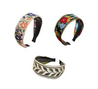 Lot de 3 bandeaux à cheveux pour femme - Environ 6 cm de large - Style vintage - Style bohème - Brodés - Larges - Avec dents - Antidérapants - Pour costume de yoga - Noir + beige + vert