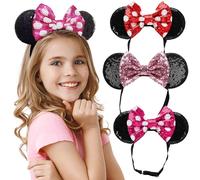Lot de 3 bandeaux à oreilles de Minnie avec nœud à paillettes brillantes - Oreilles de souris pour filles et femmes - Bandeau élastique réglable sans maux de tête - Paillettes complètes