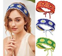 Lot de 3 bandeaux au crochet pour femme - Motif floral - Marguerite - Élastique fait à la main - Tricot bohème - Pour femmes et filles - Bleu + Vert + Rouge